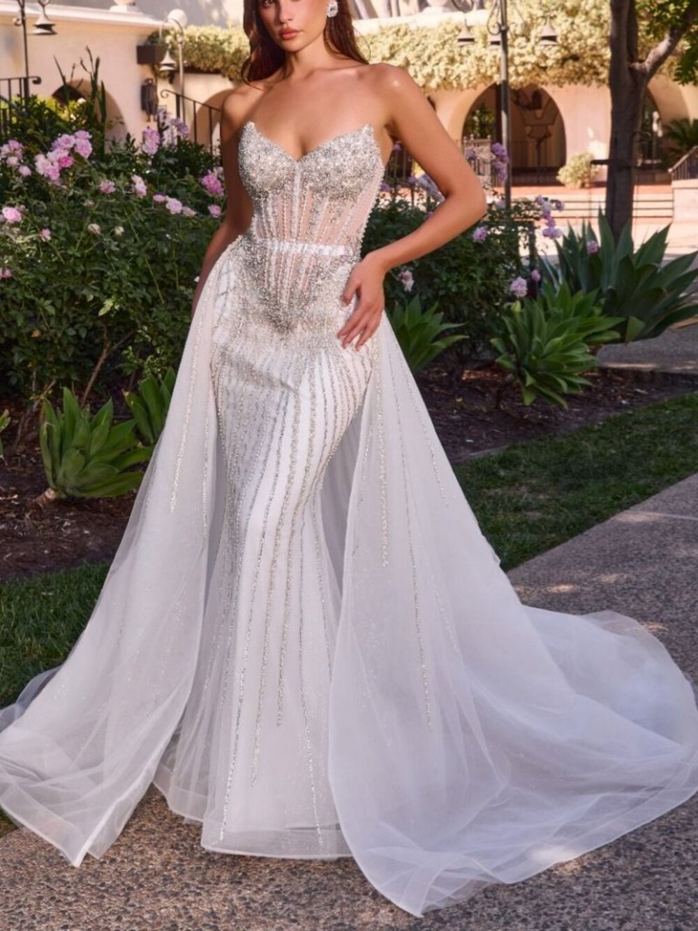 WEDDING DRESS. OFF WHITE STRAPLESS BEADED REMOVABLE TULLE SKIRT GOWN